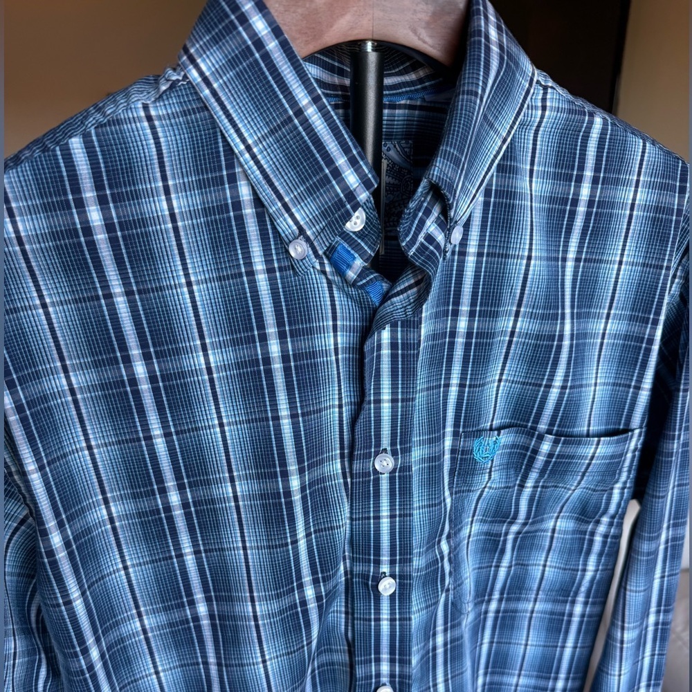 Panhandle SMALL Men’s Blue Plaid Western Long Sleeve Dress Shirt - Picture 2 of 8